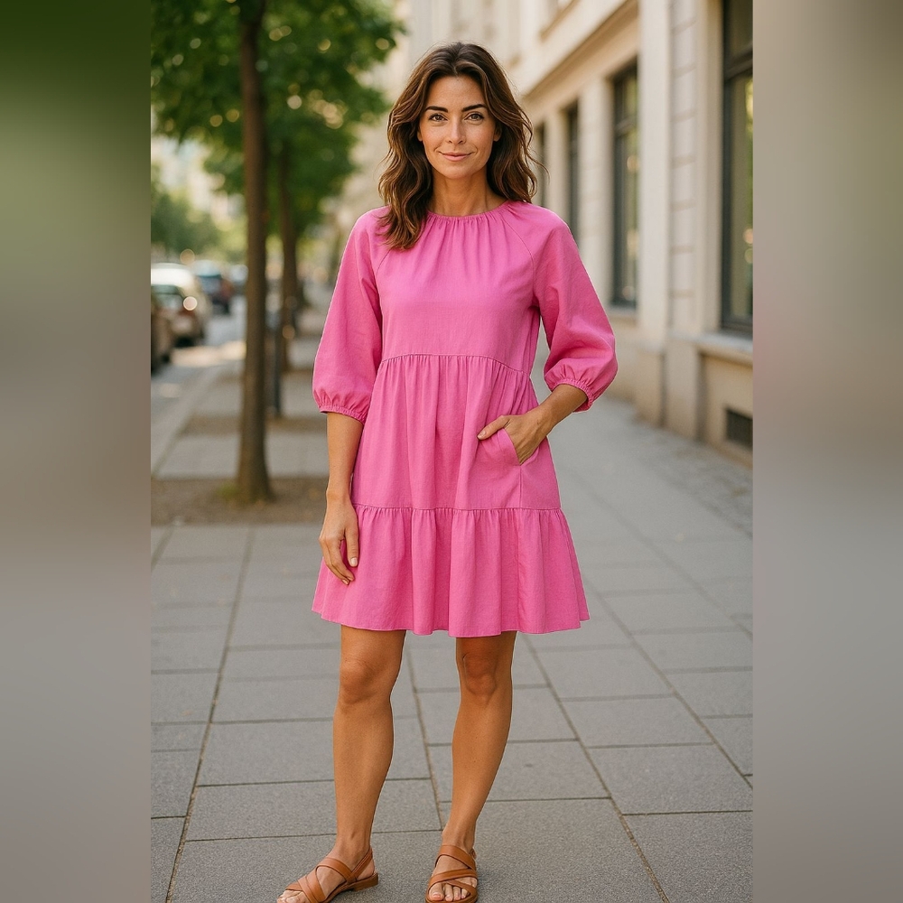 Chico's 2 Vibrant Bubblegum Pink Bubble Sleeve Tiered Dress New Sz 12 Large $139